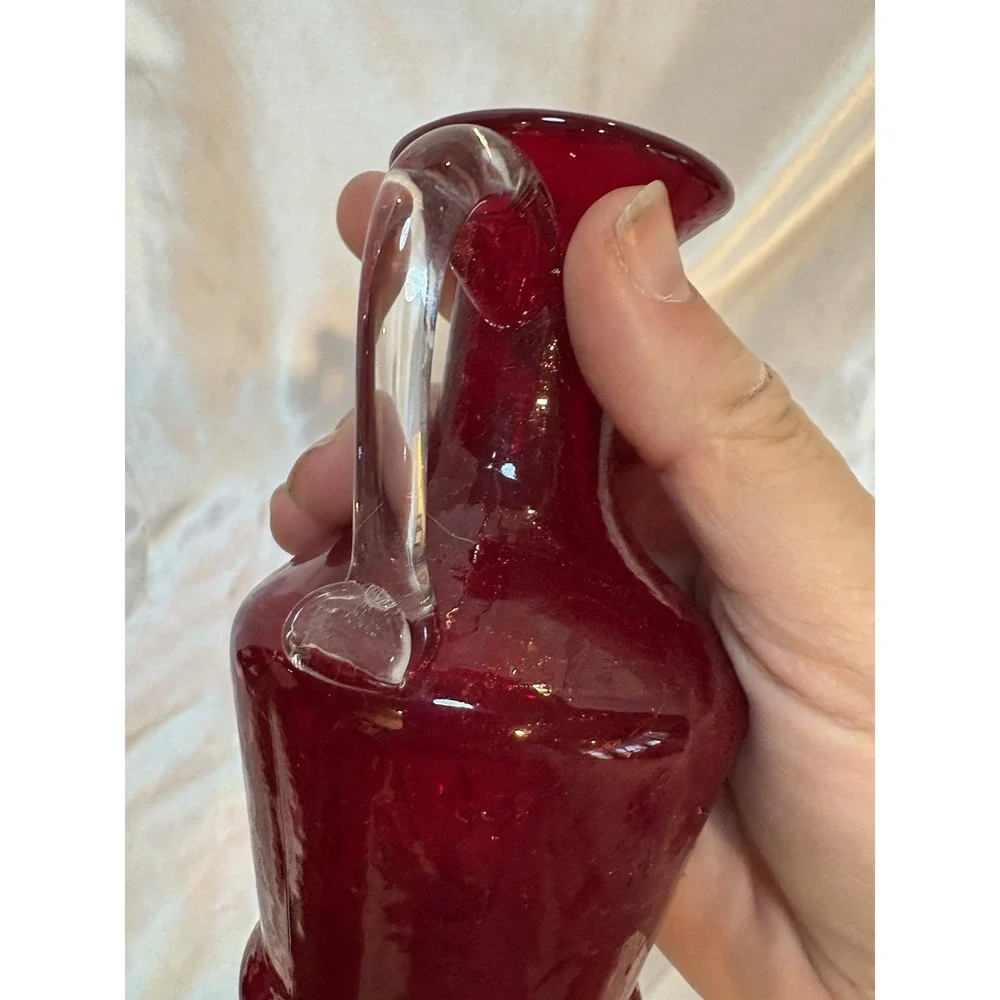 Vtg Hand Blown Ruby Red Glass Mini Pitcher With Clear Glass Handle